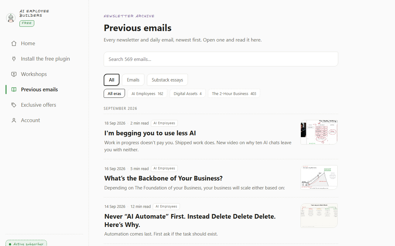 The Previous emails list inside the member portal, showing past emails newest first with their dates and reading times.